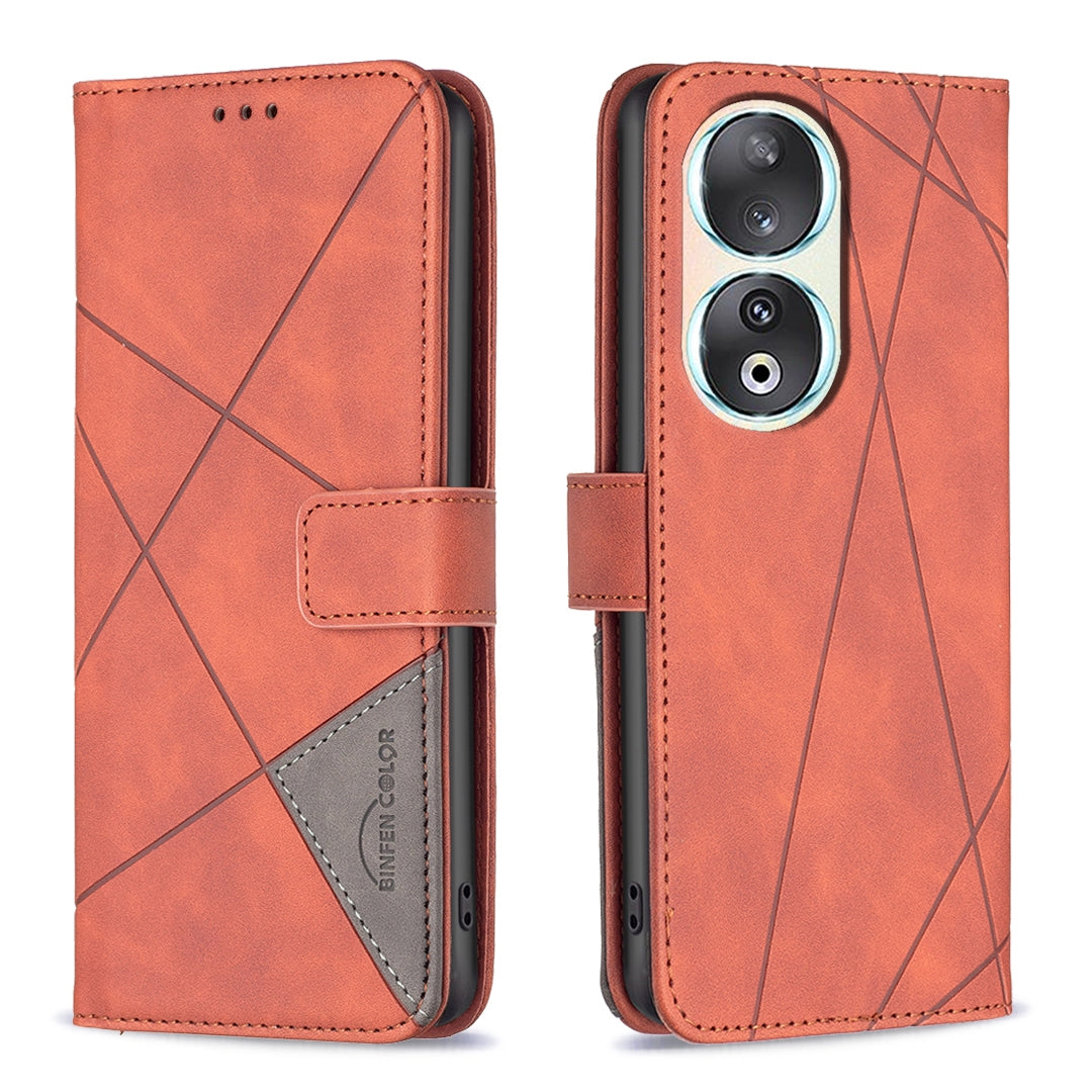 Honor 90 5G Wallet Case – Rhombus Texture PU Leather, Magnetic Buckle, Card Slots, Stand Function, Shockproof Protective Cover