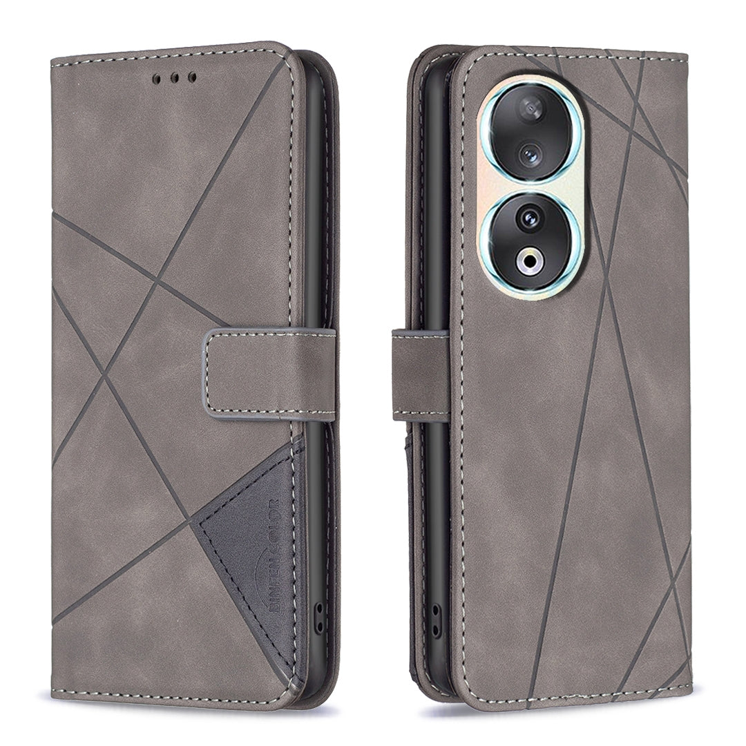 Honor 90 5G Wallet Case – Rhombus Texture PU Leather, Magnetic Buckle, Card Slots, Stand Function, Shockproof Protective Cover