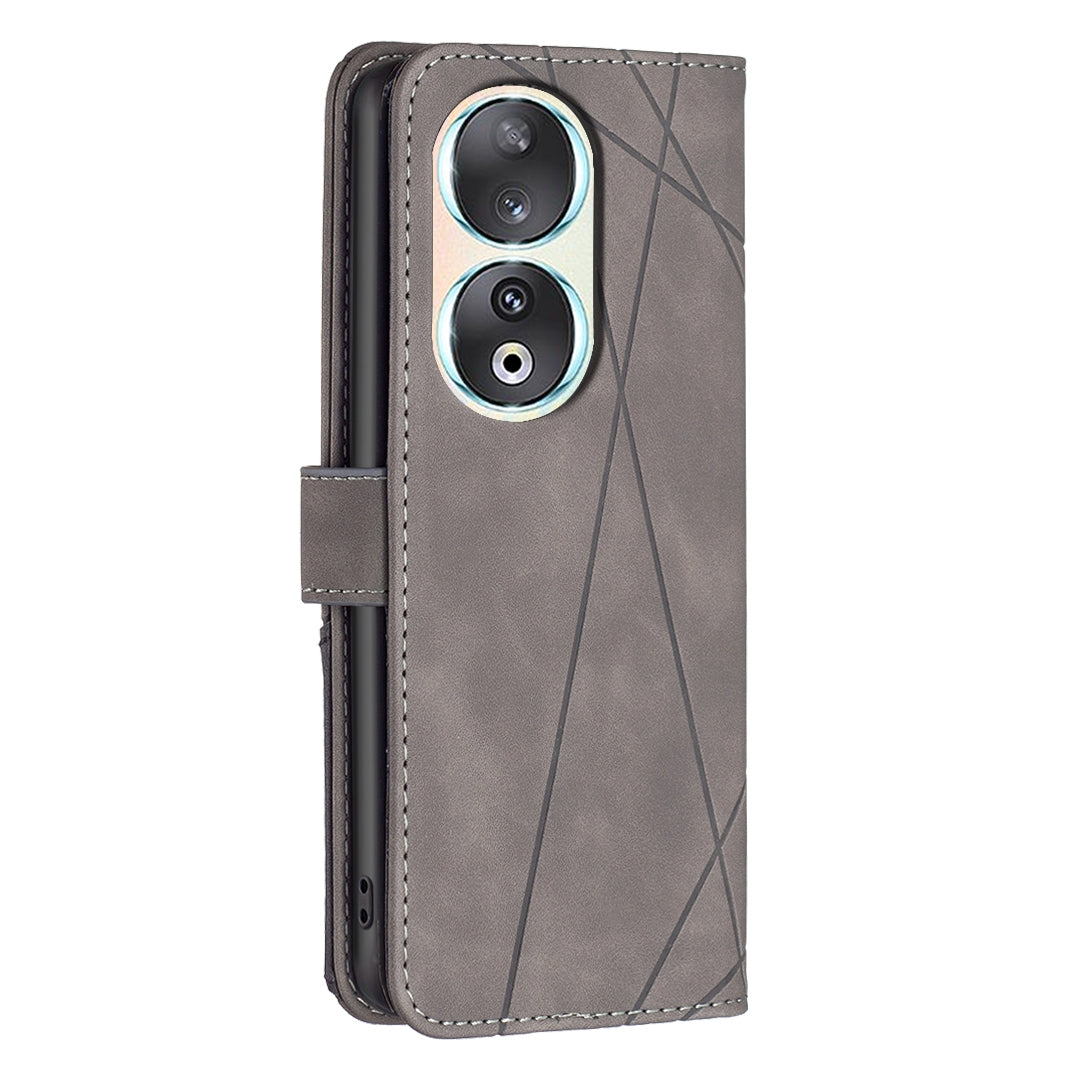 Honor 90 5G Wallet Case – Rhombus Texture PU Leather, Magnetic Buckle, Card Slots, Stand Function, Shockproof Protective Cover