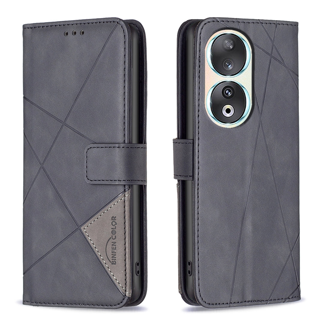 Honor 90 5G Wallet Case – Rhombus Texture PU Leather, Magnetic Buckle, Card Slots, Stand Function, Shockproof Protective Cover