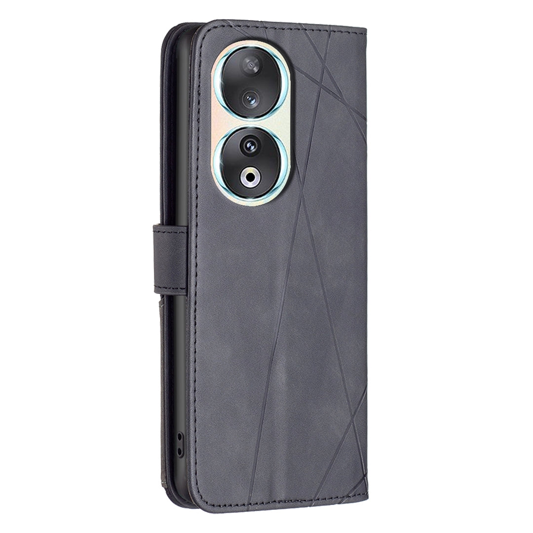 Honor 90 5G Wallet Case – Rhombus Texture PU Leather, Magnetic Buckle, Card Slots, Stand Function, Shockproof Protective Cover