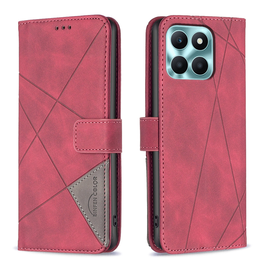 Honor X6a Wallet Case – Rhombus Texture PU Leather, Magnetic Buckle, Card Slots, Stand Function, Shockproof Protective Cover