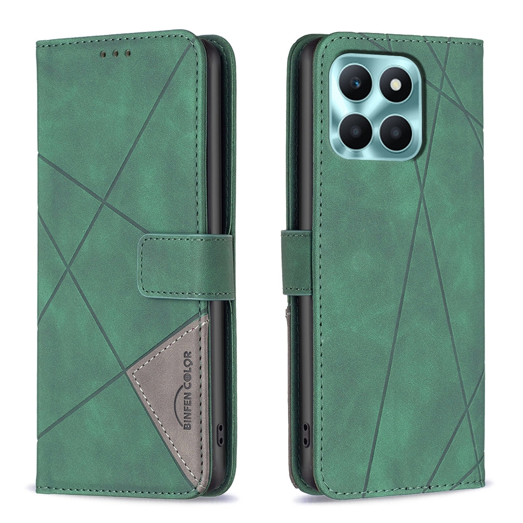 Honor X6a Wallet Case – Rhombus Texture PU Leather, Magnetic Buckle, Card Slots, Stand Function, Shockproof Protective Cover