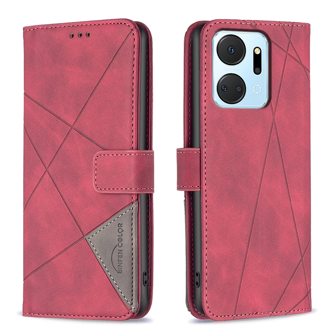 Honor X7A Wallet Case – Rhombus Texture PU Leather, Magnetic Buckle, Card Slots, Stand Function, Shockproof Protective Cover