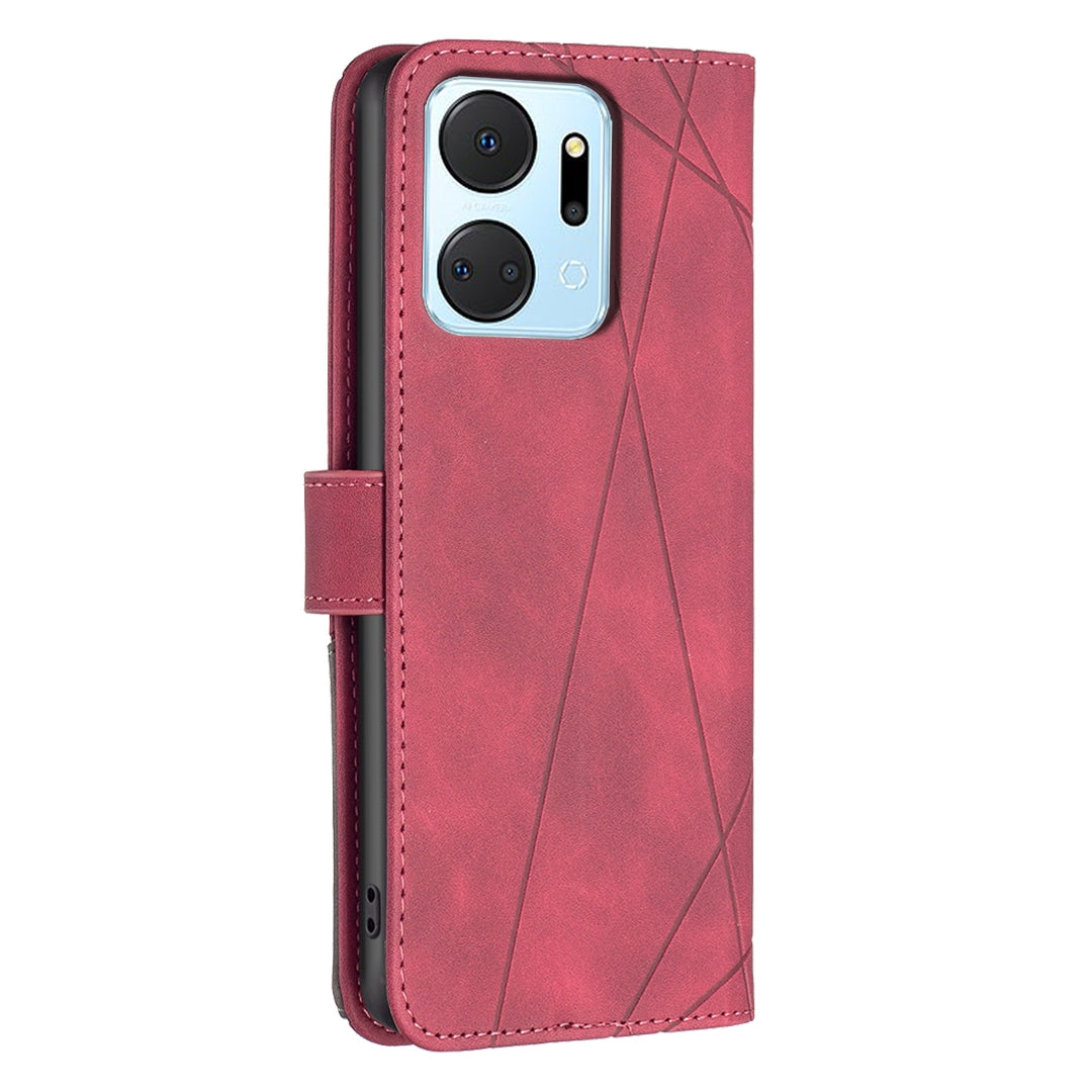 Honor X7A Wallet Case – Rhombus Texture PU Leather, Magnetic Buckle, Card Slots, Stand Function, Shockproof Protective Cover