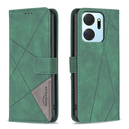 Honor X7A Wallet Case – Rhombus Texture PU Leather, Magnetic Buckle, Card Slots, Stand Function, Shockproof Protective Cover