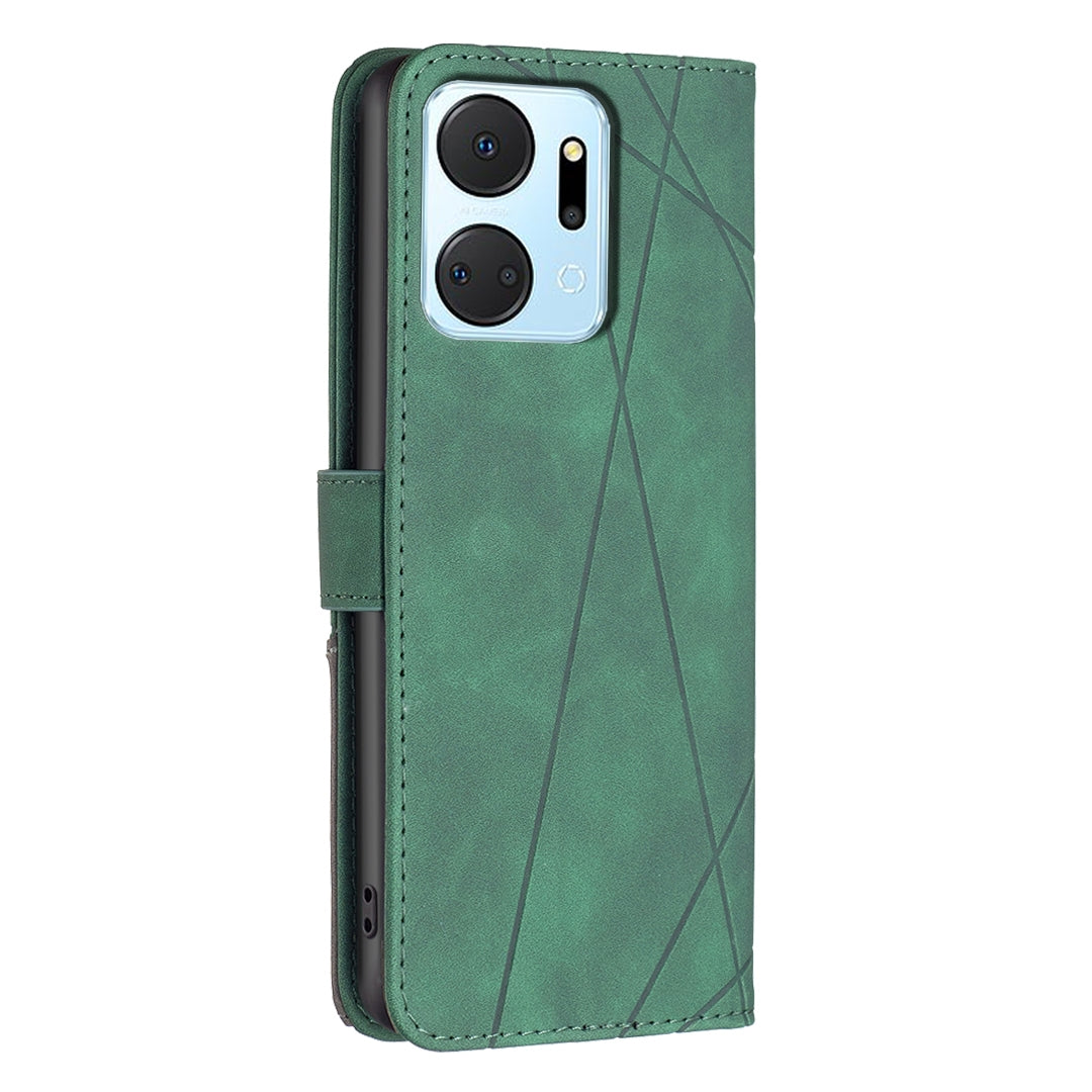 Honor X7A Wallet Case – Rhombus Texture PU Leather, Magnetic Buckle, Card Slots, Stand Function, Shockproof Protective Cover