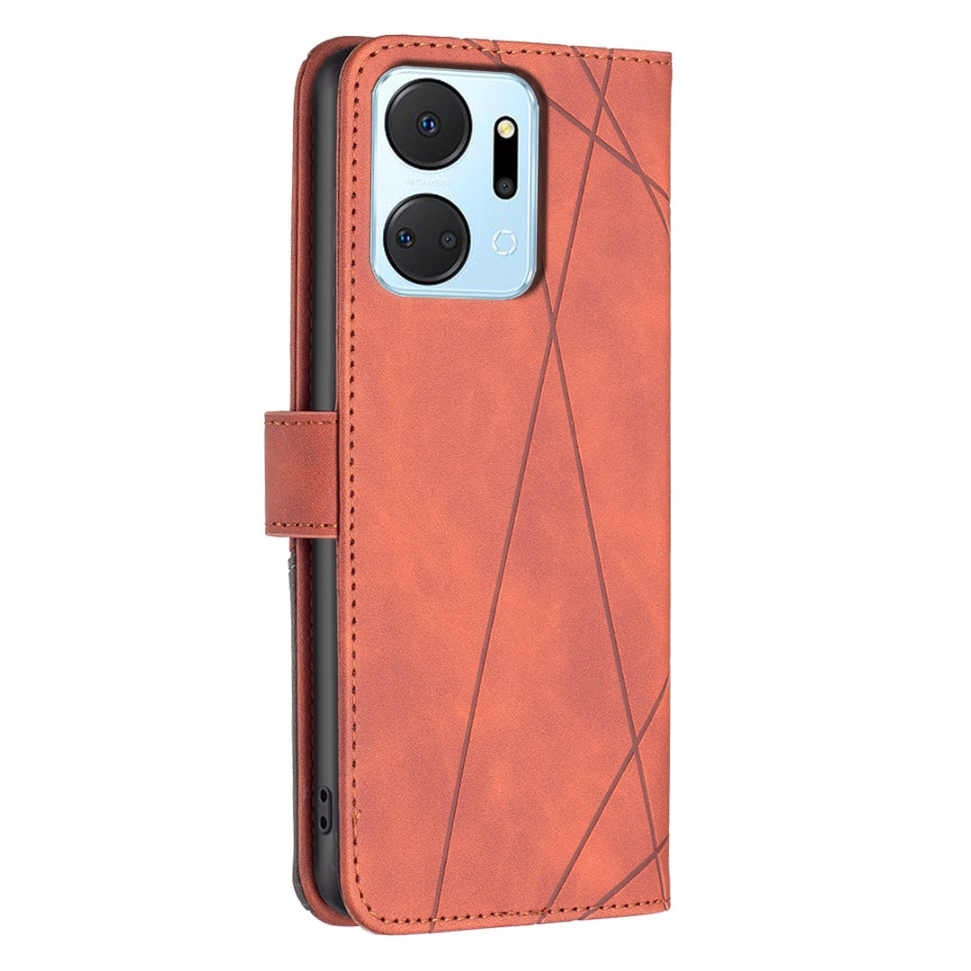 Honor X7A Wallet Case – Rhombus Texture PU Leather, Magnetic Buckle, Card Slots, Stand Function, Shockproof Protective Cover