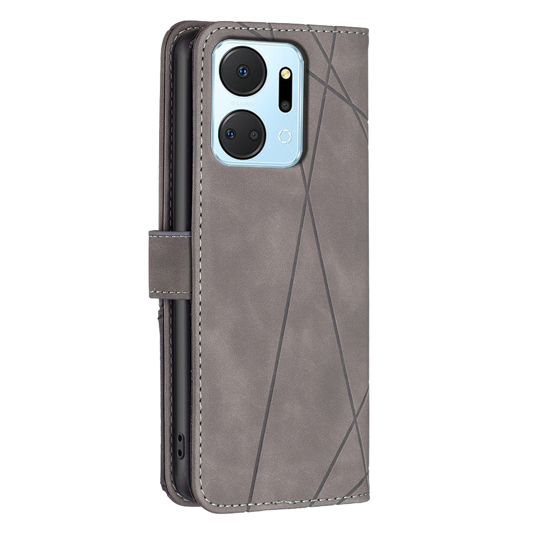 Honor X7A Wallet Case – Rhombus Texture PU Leather, Magnetic Buckle, Card Slots, Stand Function, Shockproof Protective Cover