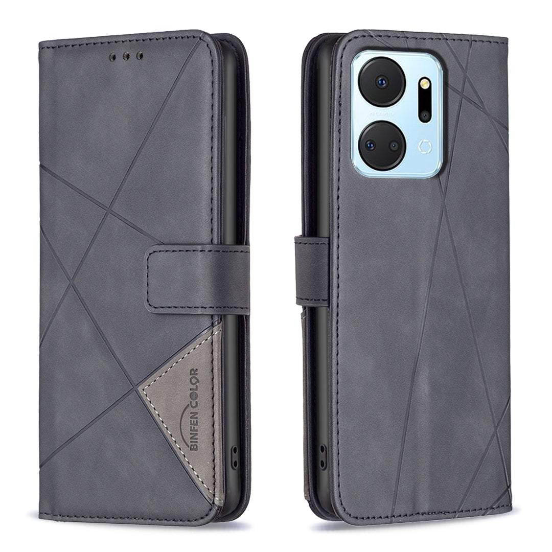 Honor X7A Wallet Case – Rhombus Texture PU Leather, Magnetic Buckle, Card Slots, Stand Function, Shockproof Protective Cover