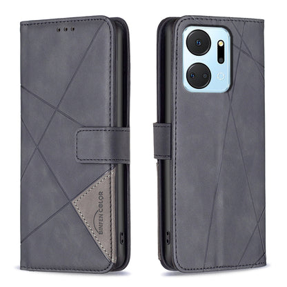 Honor X7A Wallet Case – Rhombus Texture PU Leather, Magnetic Buckle, Card Slots, Stand Function, Shockproof Protective Cover