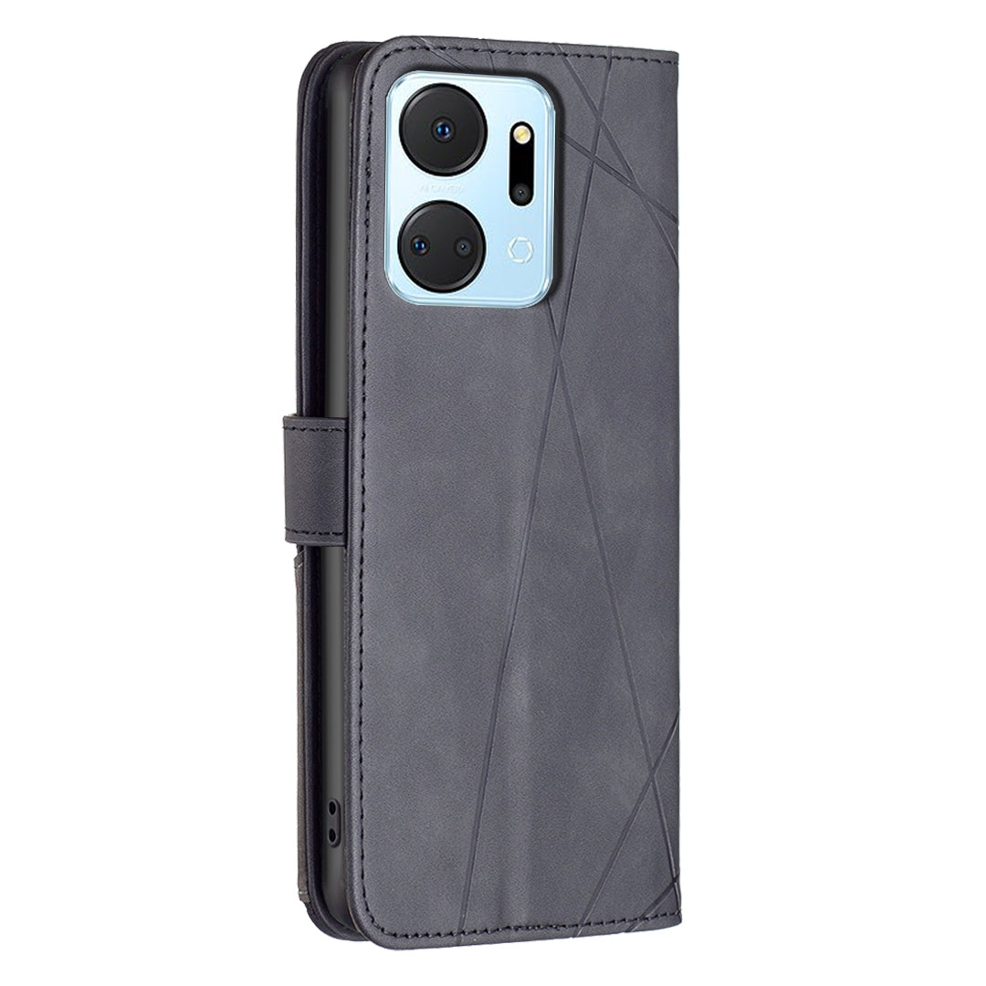 Honor X7A Wallet Case – Rhombus Texture PU Leather, Magnetic Buckle, Card Slots, Stand Function, Shockproof Protective Cover