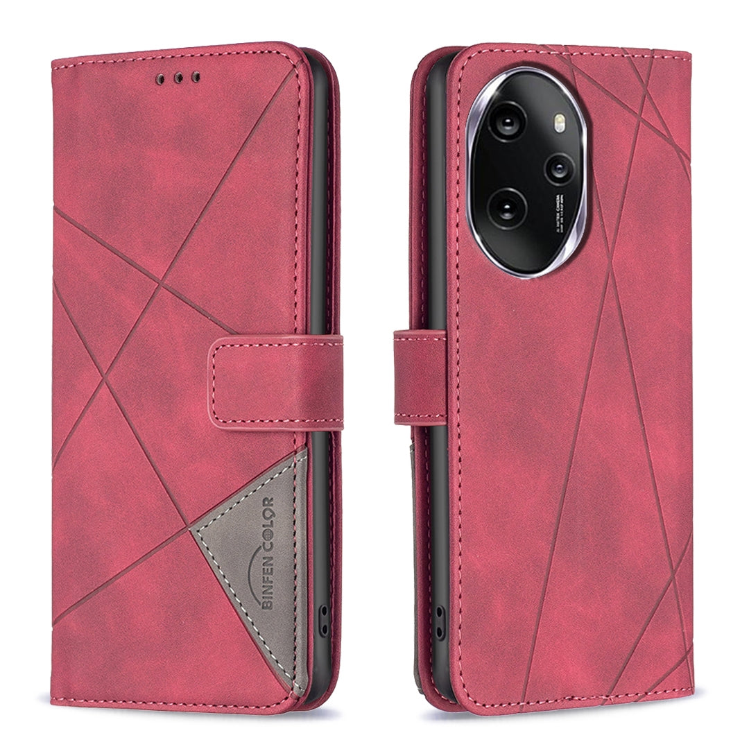 Honor 100 Pro Wallet Case – Rhombus Texture PU Leather, Magnetic Buckle, Card Slots, Stand Function, Shockproof Protective Cover