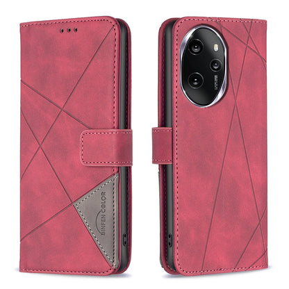 Honor 100 Pro Wallet Case – Rhombus Texture PU Leather, Magnetic Buckle, Card Slots, Stand Function, Shockproof Protective Cover