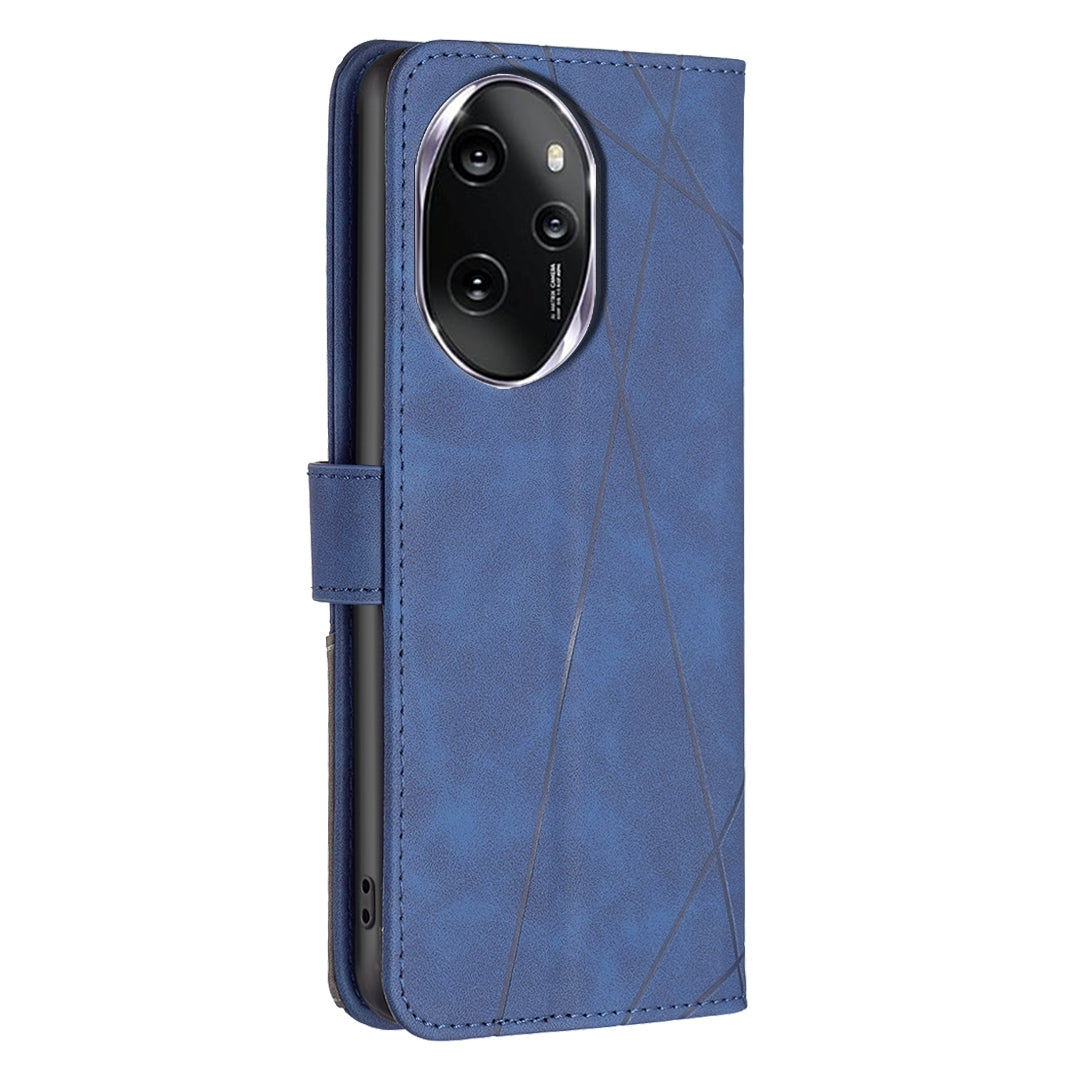 Honor 100 Pro Wallet Case – Rhombus Texture PU Leather, Magnetic Buckle, Card Slots, Stand Function, Shockproof Protective Cover