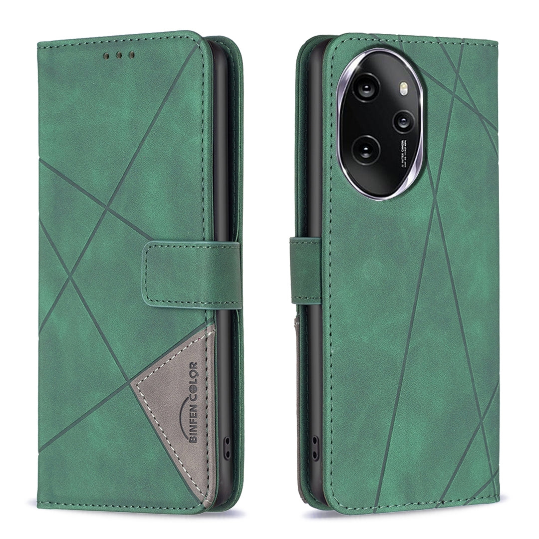 Honor 100 Pro Wallet Case – Rhombus Texture PU Leather, Magnetic Buckle, Card Slots, Stand Function, Shockproof Protective Cover