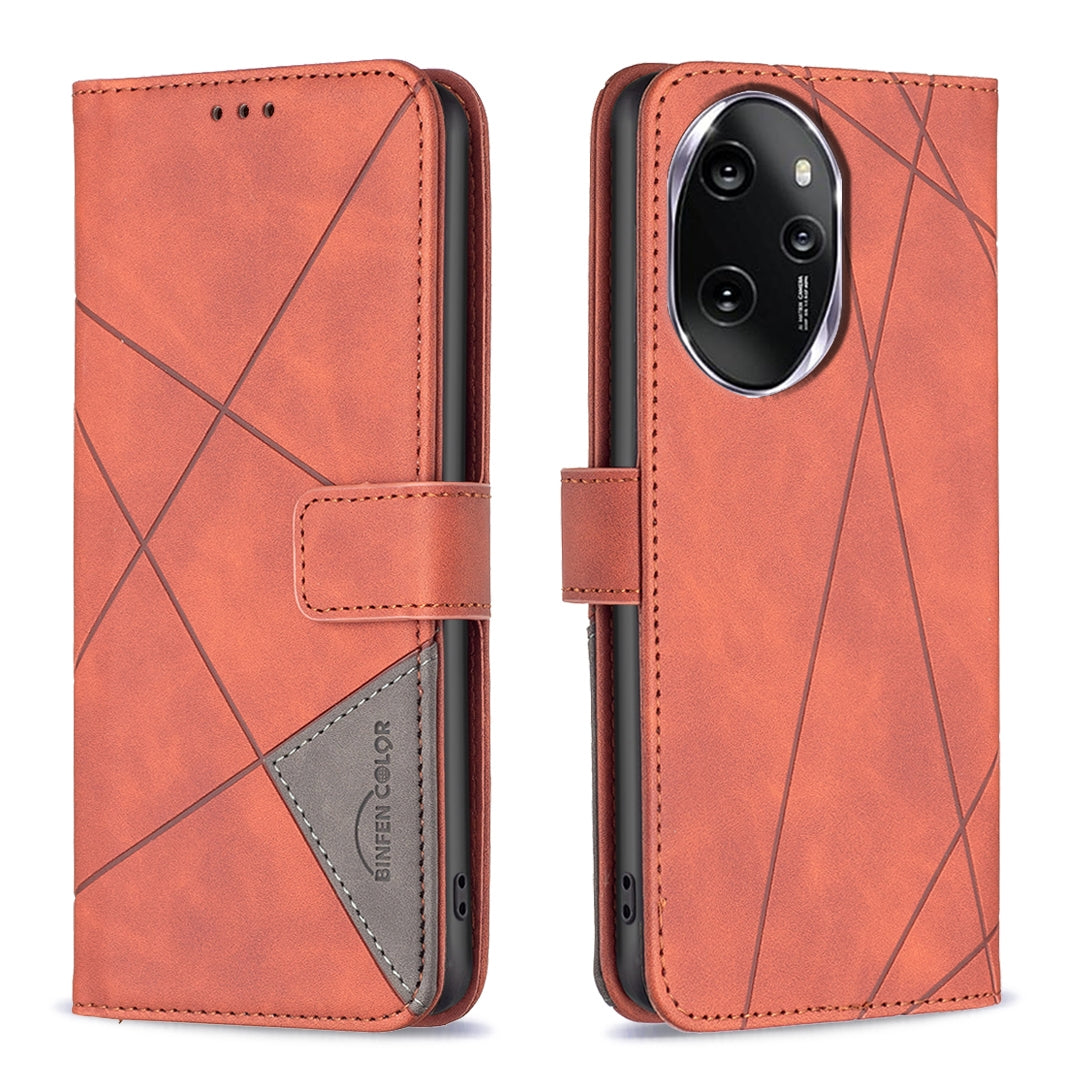 Honor 100 Pro Wallet Case – Rhombus Texture PU Leather, Magnetic Buckle, Card Slots, Stand Function, Shockproof Protective Cover