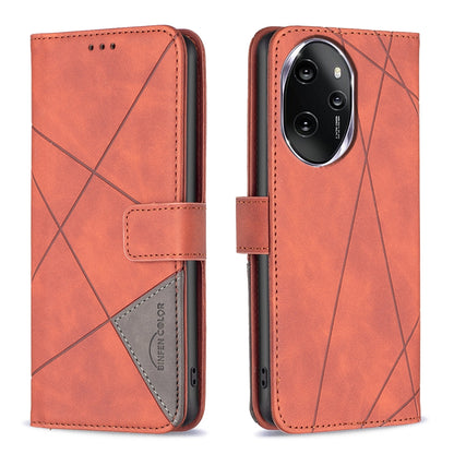 Honor 100 Pro Wallet Case – Rhombus Texture PU Leather, Magnetic Buckle, Card Slots, Stand Function, Shockproof Protective Cover