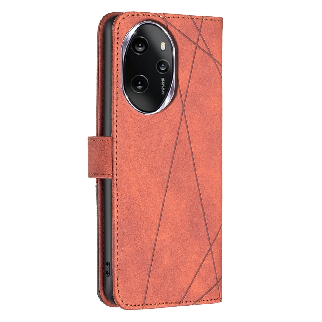 Honor 100 Pro Wallet Case – Rhombus Texture PU Leather, Magnetic Buckle, Card Slots, Stand Function, Shockproof Protective Cover