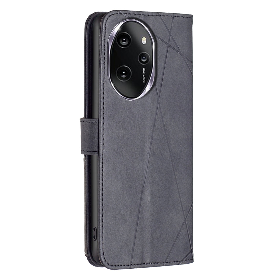 Honor 100 Pro Wallet Case – Rhombus Texture PU Leather, Magnetic Buckle, Card Slots, Stand Function, Shockproof Protective Cover