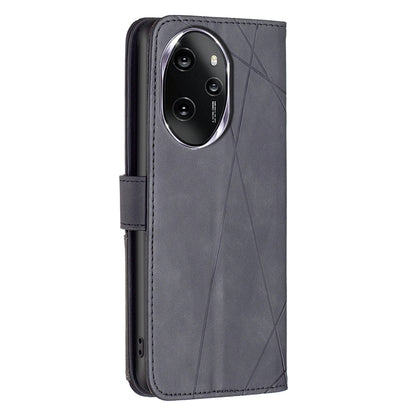 Honor 100 Pro Wallet Case – Rhombus Texture PU Leather, Magnetic Buckle, Card Slots, Stand Function, Shockproof Protective Cover
