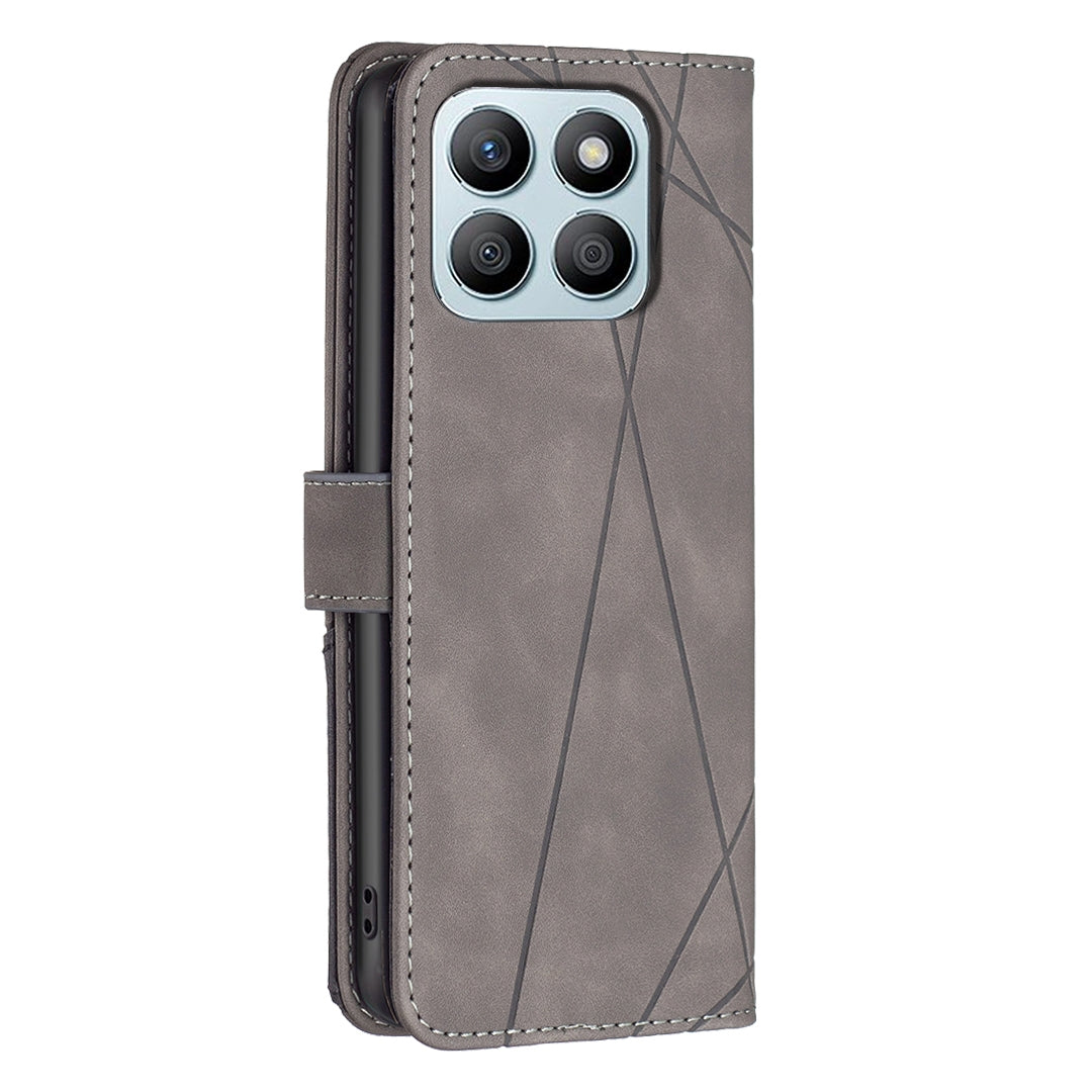 Honor X8b Wallet Case – Rhombus Texture PU Leather, Magnetic Buckle, Card Slots, Stand Function, Shockproof Protective Cover