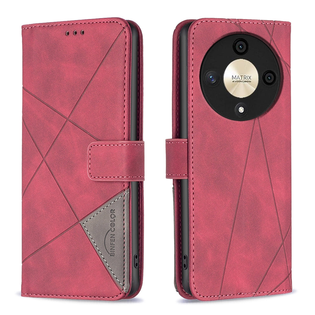 Honor X9b Wallet Case – Rhombus Texture PU Leather, Magnetic Buckle, Card Slots, Stand Function, Shockproof Protective Cover