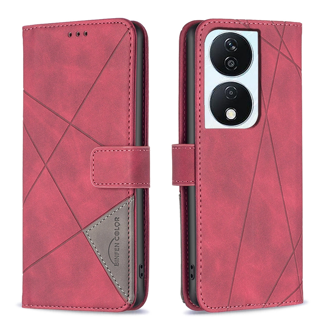 Honor X7b Wallet Case – Rhombus Texture PU Leather, Magnetic Buckle, Card Slots, Stand Function, Shockproof Protective Cover