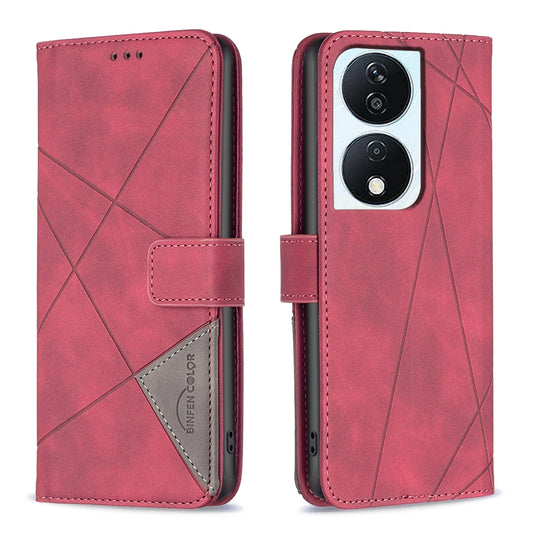 Honor X7b Wallet Case – Rhombus Texture PU Leather, Magnetic Buckle, Card Slots, Stand Function, Shockproof Protective Cover