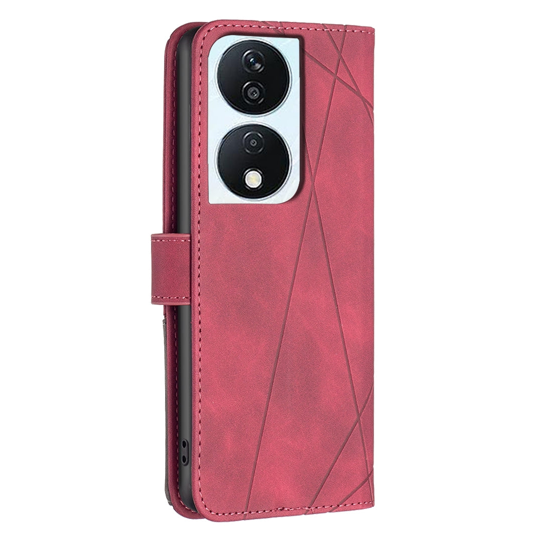 Honor X7b Wallet Case – Rhombus Texture PU Leather, Magnetic Buckle, Card Slots, Stand Function, Shockproof Protective Cover