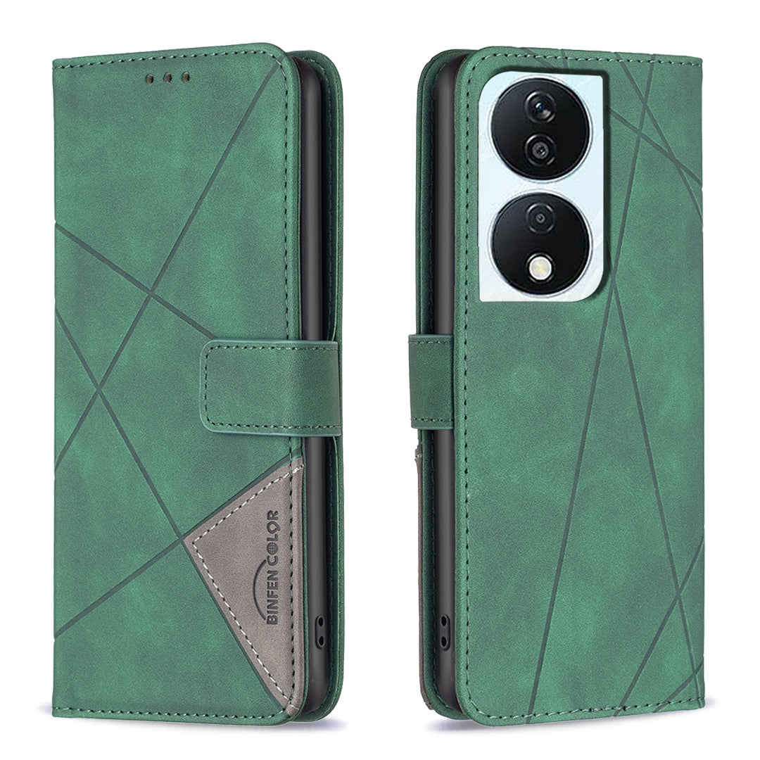 Honor X7b Wallet Case – Rhombus Texture PU Leather, Magnetic Buckle, Card Slots, Stand Function, Shockproof Protective Cover