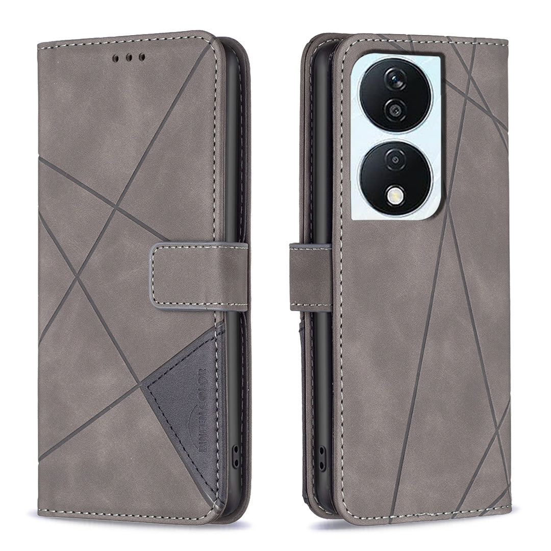 Honor X7b Wallet Case – Rhombus Texture PU Leather, Magnetic Buckle, Card Slots, Stand Function, Shockproof Protective Cover