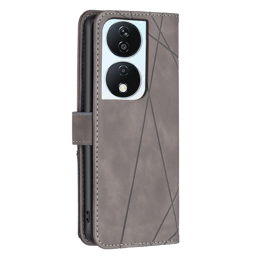 Honor X7b Wallet Case – Rhombus Texture PU Leather, Magnetic Buckle, Card Slots, Stand Function, Shockproof Protective Cover