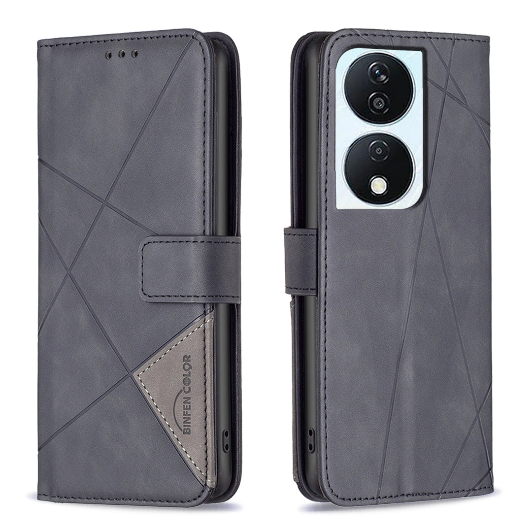 Honor X7b Wallet Case – Rhombus Texture PU Leather, Magnetic Buckle, Card Slots, Stand Function, Shockproof Protective Cover