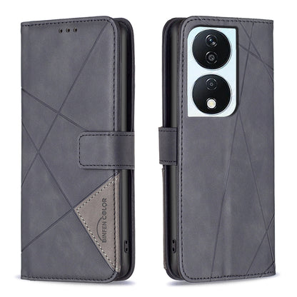 Honor X7b Wallet Case – Rhombus Texture PU Leather, Magnetic Buckle, Card Slots, Stand Function, Shockproof Protective Cover