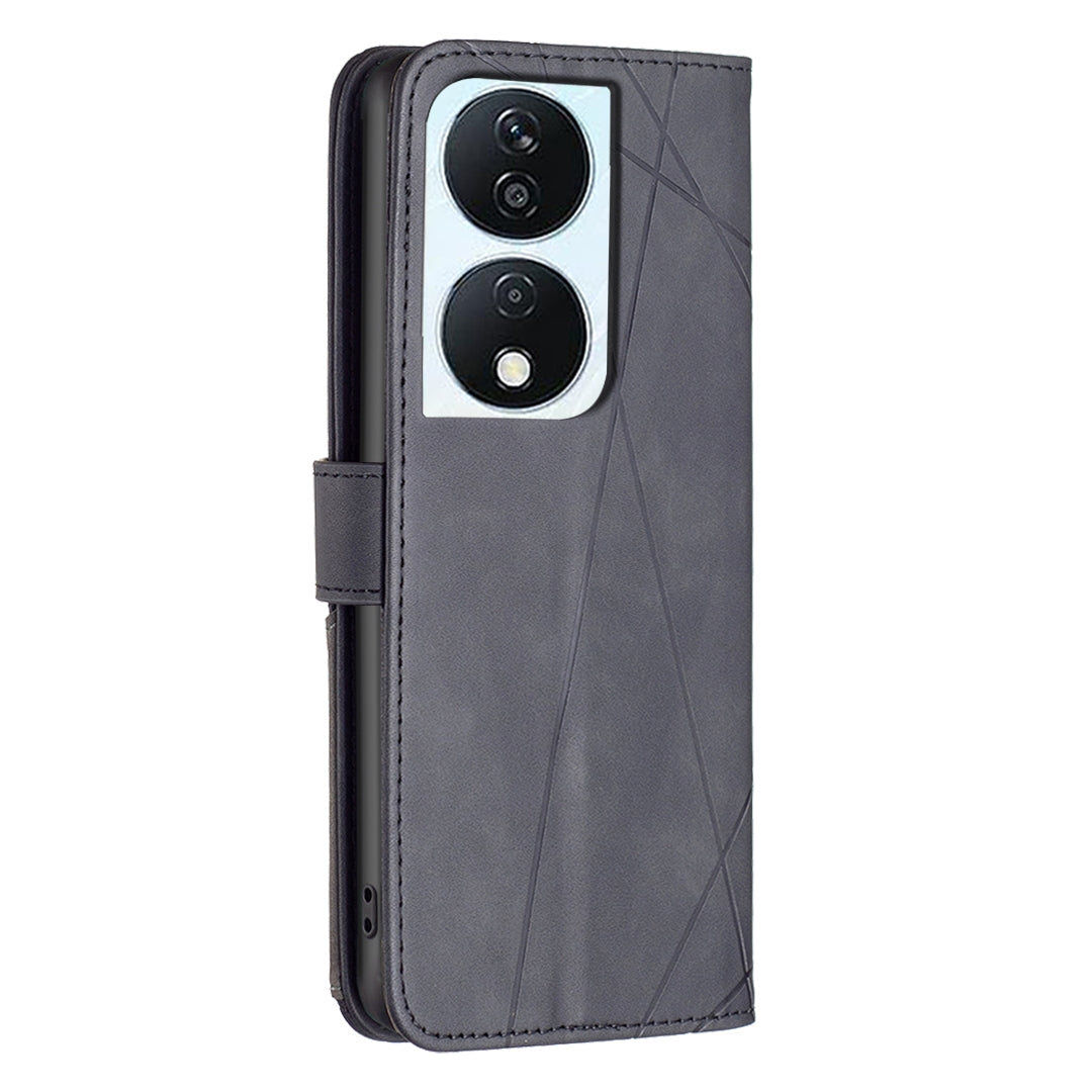 Honor X7b Wallet Case – Rhombus Texture PU Leather, Magnetic Buckle, Card Slots, Stand Function, Shockproof Protective Cover