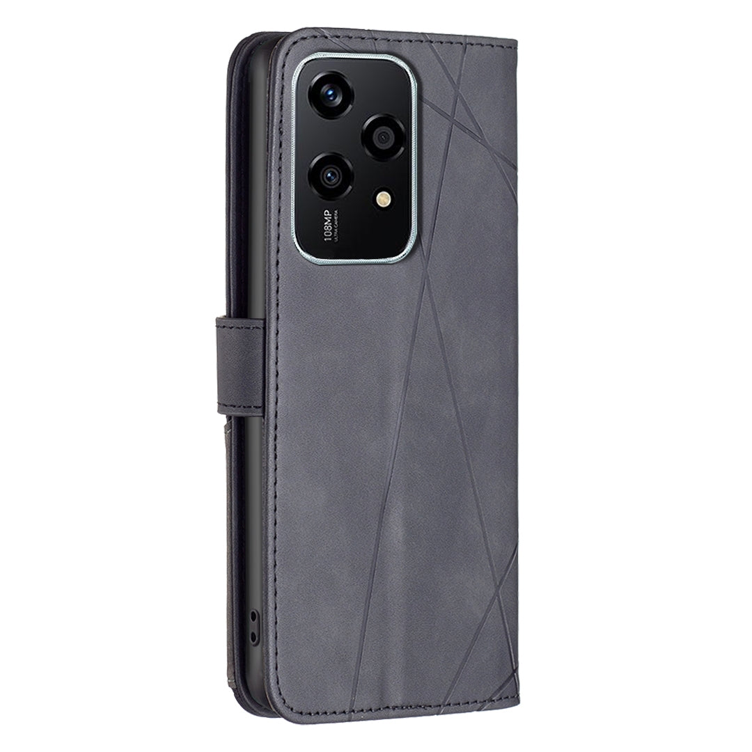 Honor 200 Lite Global Wallet Case – Rhombus Texture PU Leather, Magnetic Buckle, Card Slots, Stand Function, Shockproof Protective Cover