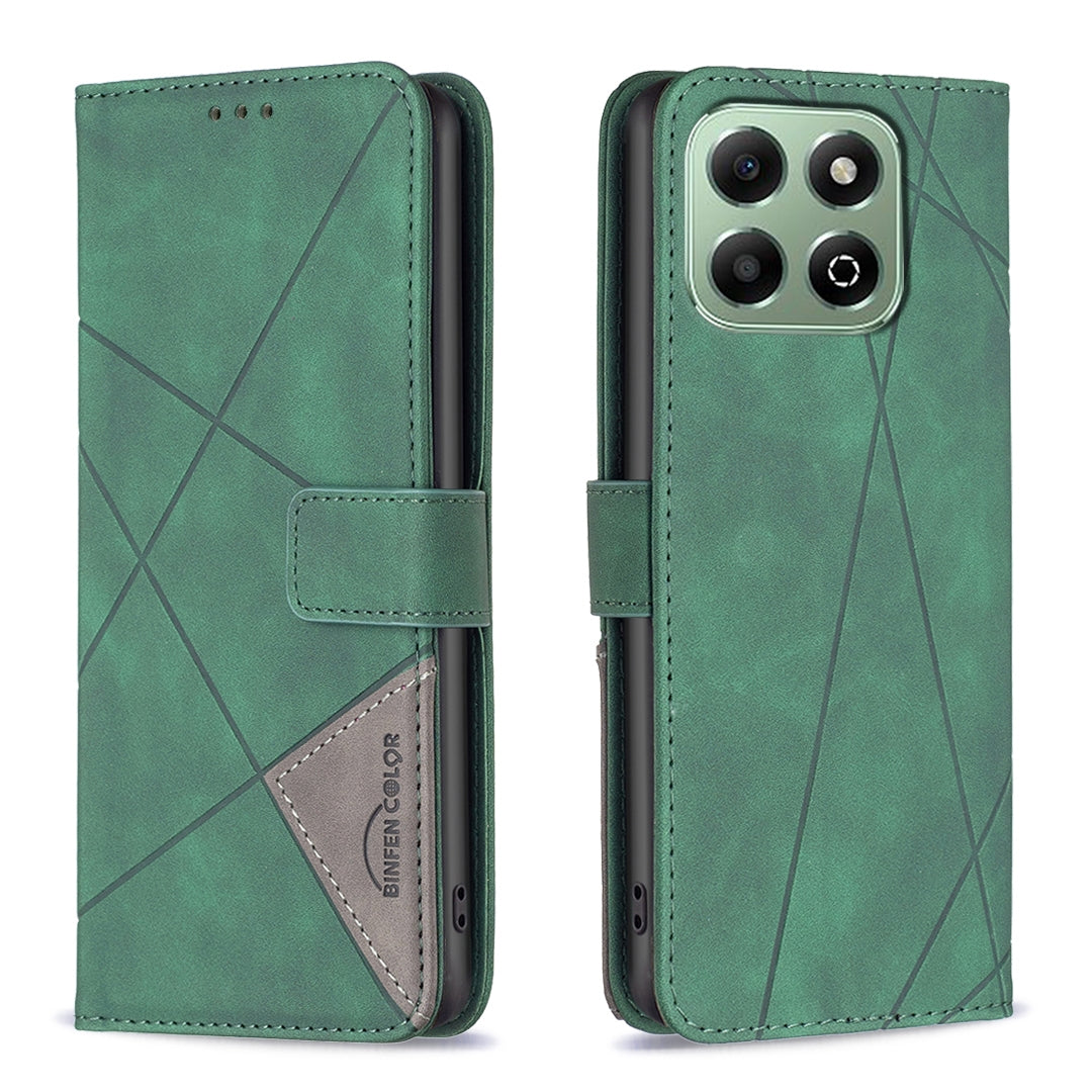 Honor X6b Wallet Case – Rhombus Texture PU Leather, Magnetic Buckle, Card Slots, Stand Function, Shockproof Protective Cover