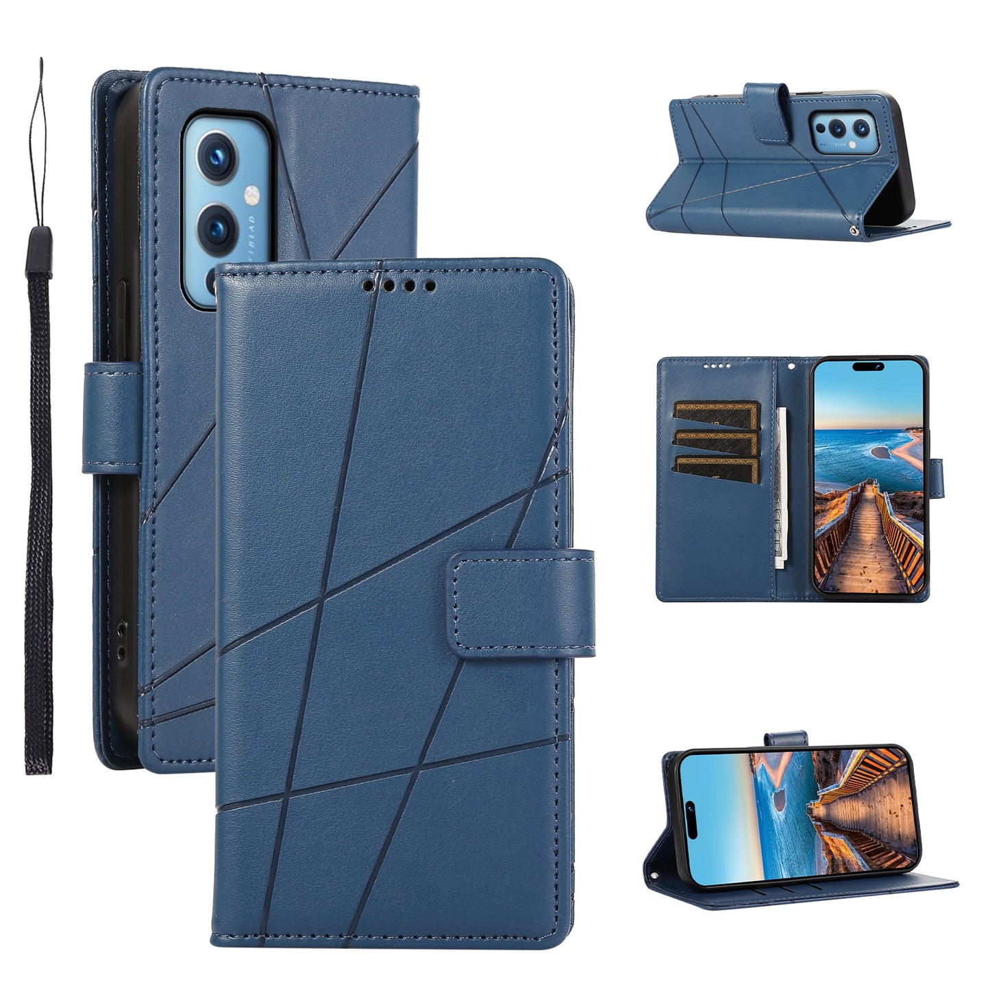 OnePlus 9 PU Genuine Leather Texture Embossed Line Phone Case with Card Wallet, Kickstand & Wrist Strap