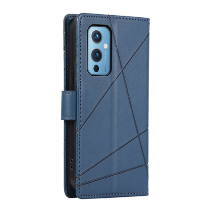 OnePlus 9 PU Genuine Leather Texture Embossed Line Phone Case with Card Wallet, Kickstand & Wrist Strap