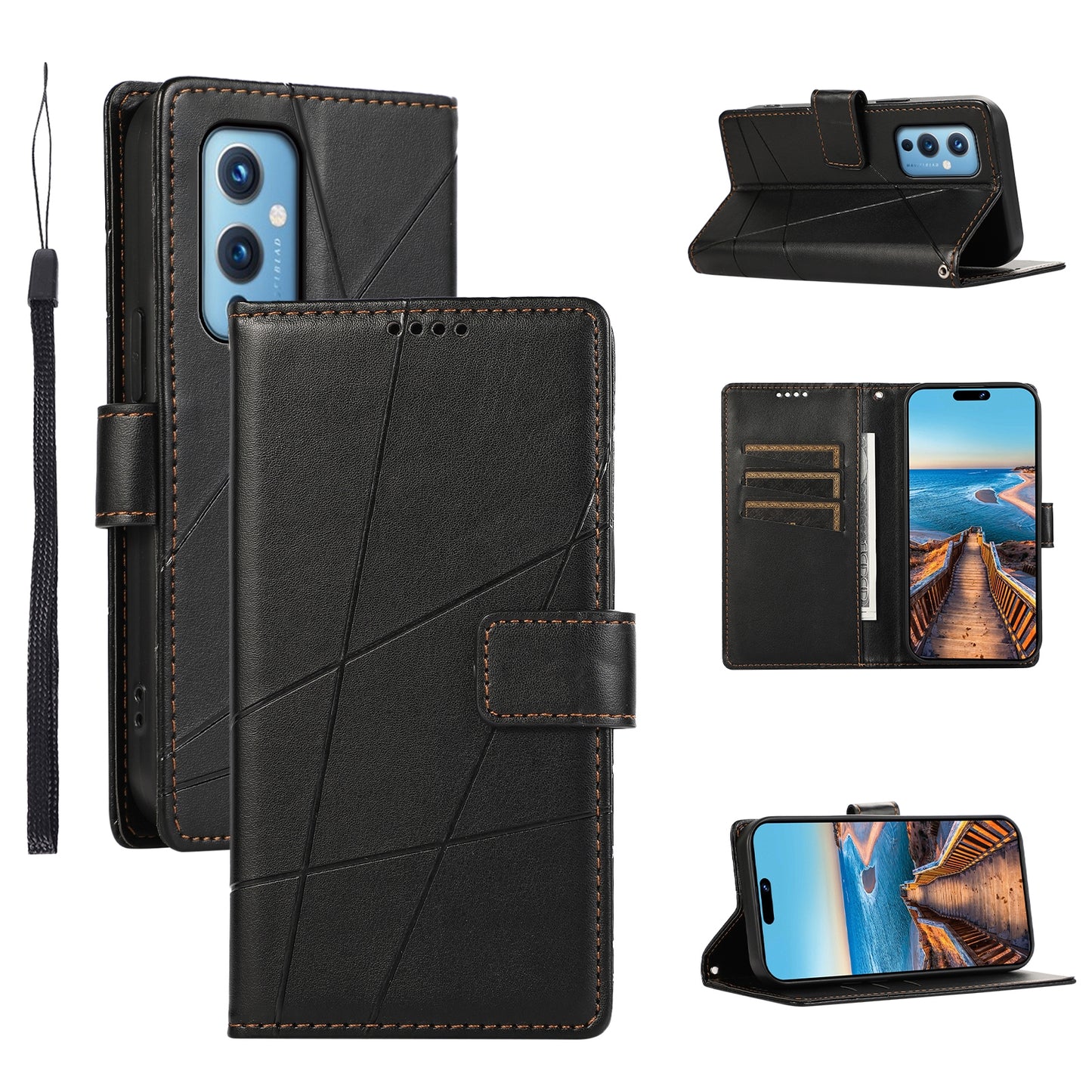 OnePlus 9 PU Genuine Leather Texture Embossed Line Phone Case with Card Wallet, Kickstand & Wrist Strap