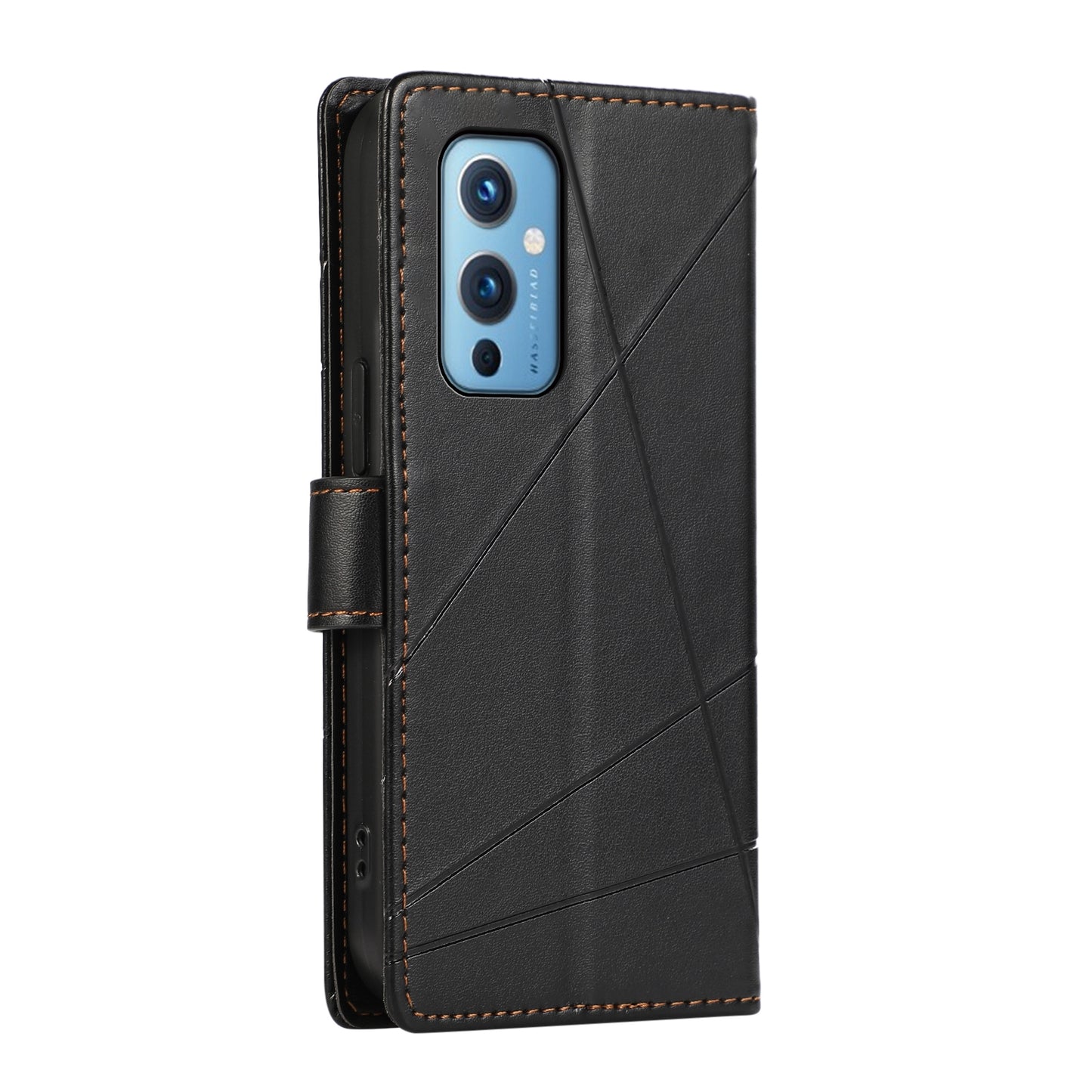 OnePlus 9 PU Genuine Leather Texture Embossed Line Phone Case with Card Wallet, Kickstand & Wrist Strap
