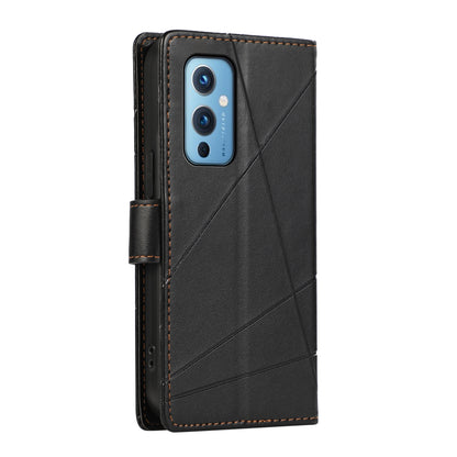 OnePlus 9 PU Genuine Leather Texture Embossed Line Phone Case with Card Wallet, Kickstand & Wrist Strap