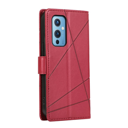 OnePlus 9 PU Genuine Leather Texture Embossed Line Phone Case with Card Wallet, Kickstand & Wrist Strap