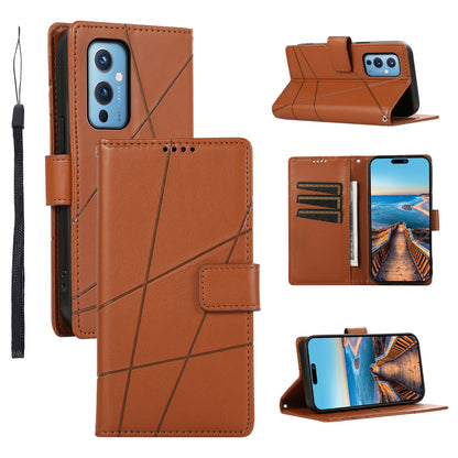 OnePlus 9 PU Genuine Leather Texture Embossed Line Phone Case with Card Wallet, Kickstand & Wrist Strap