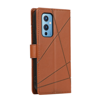OnePlus 9 PU Genuine Leather Texture Embossed Line Phone Case with Card Wallet, Kickstand & Wrist Strap