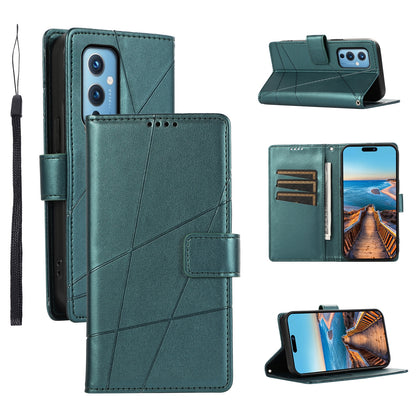 OnePlus 9 PU Genuine Leather Texture Embossed Line Phone Case with Card Wallet, Kickstand & Wrist Strap