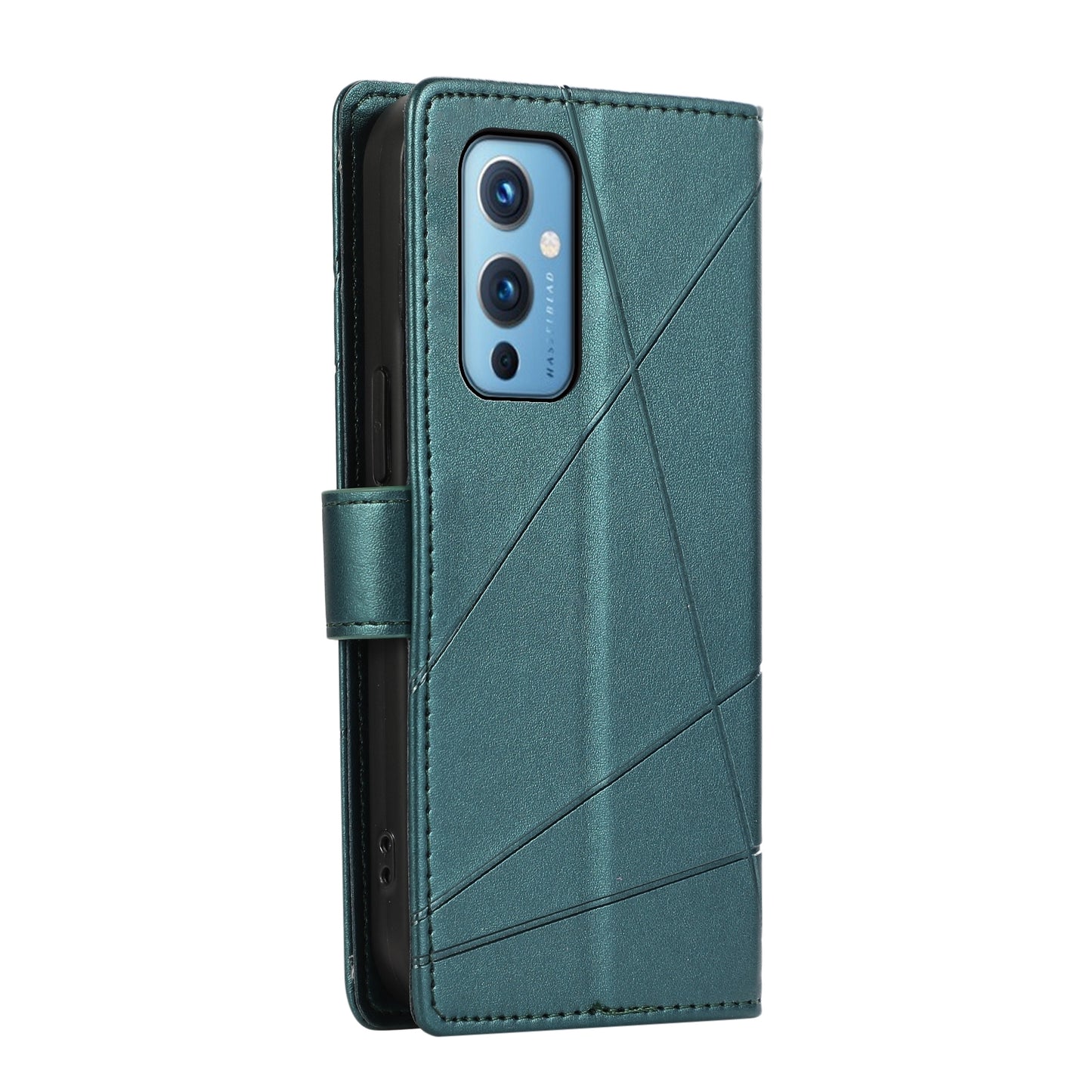 OnePlus 9 PU Genuine Leather Texture Embossed Line Phone Case with Card Wallet, Kickstand & Wrist Strap