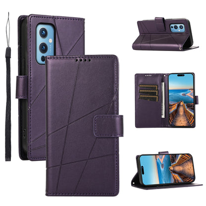 OnePlus 9 PU Genuine Leather Texture Embossed Line Phone Case with Card Wallet, Kickstand & Wrist Strap