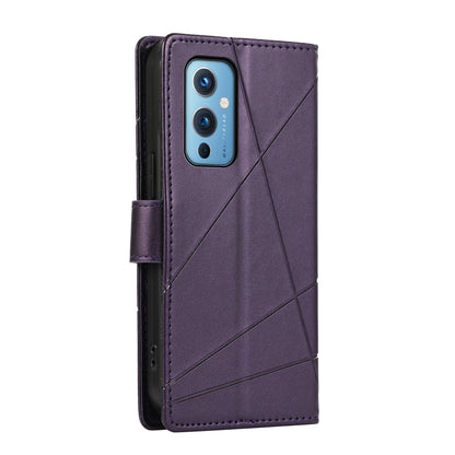 OnePlus 9 PU Genuine Leather Texture Embossed Line Phone Case with Card Wallet, Kickstand & Wrist Strap